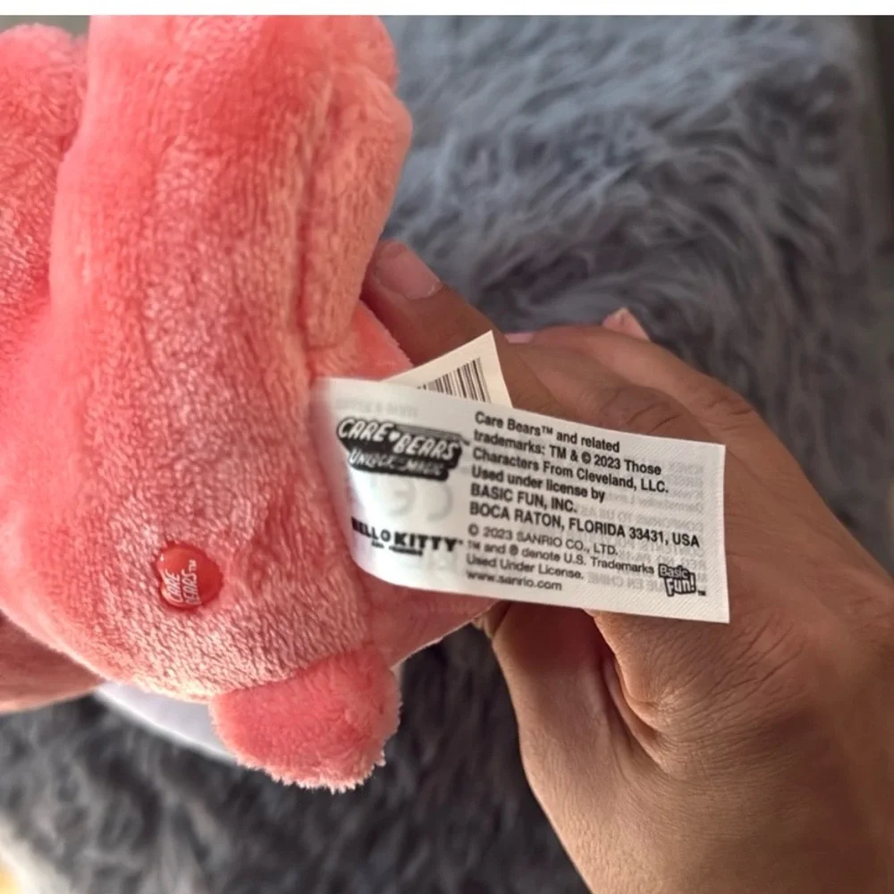 Hello Kitty Cinnamoroll plush dressed as Love-a-Lot Bear Care. Ear collaboration